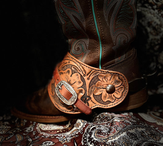 Antiqued, Carved, Spur Straps. Send us a message for Custom Orders